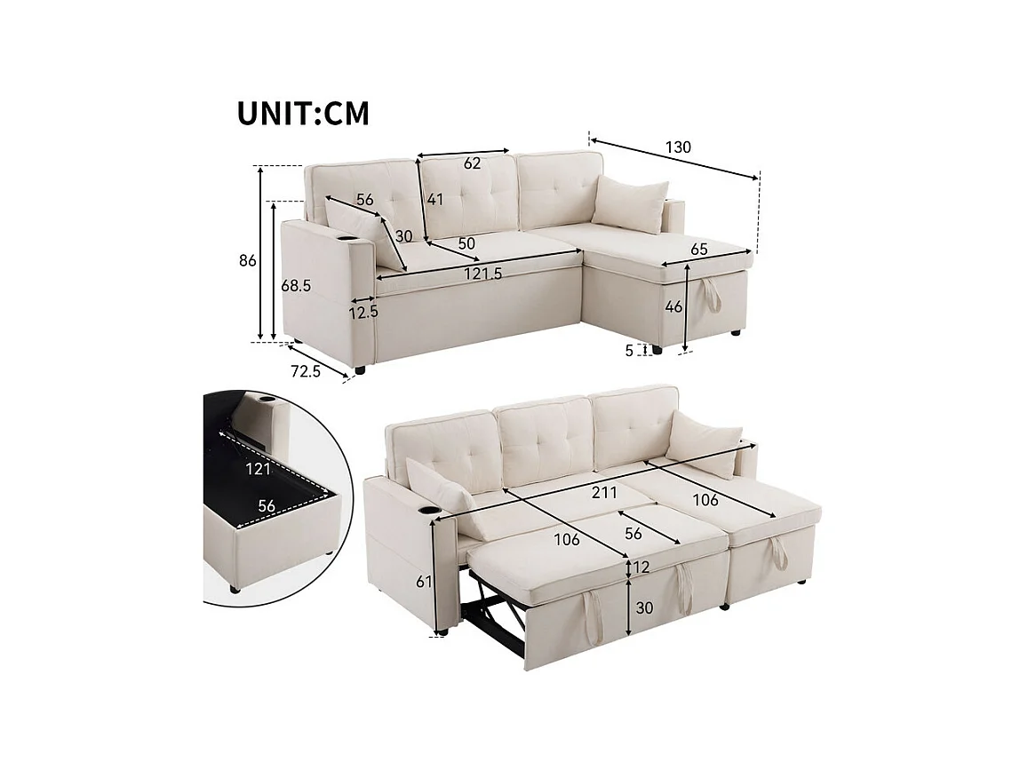 Divano angolare reversibile convertibile in cotone e lino, Meridiano con deposito, portabicchieri, 211x129.5x86cm, Beige