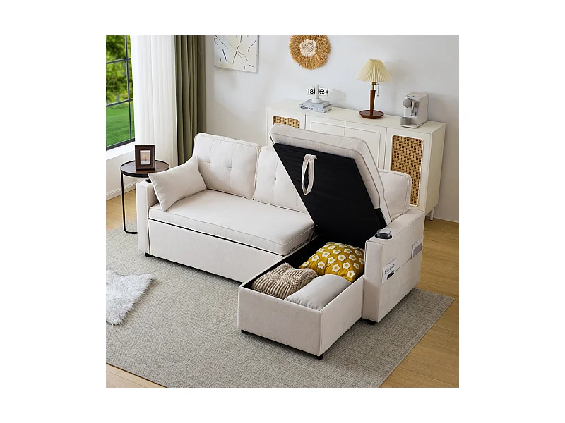 Divano angolare reversibile convertibile in cotone e lino, Meridiano con deposito, portabicchieri, 211x129.5x86cm, Beige