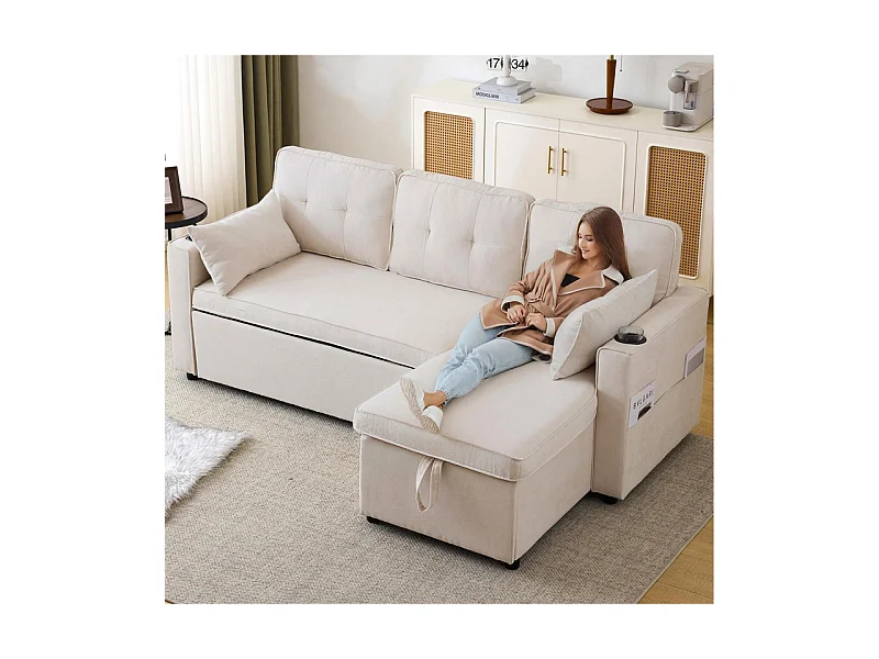 Divano angolare reversibile convertibile in cotone e lino, Meridiano con deposito, portabicchieri, 211x129.5x86cm, Beige