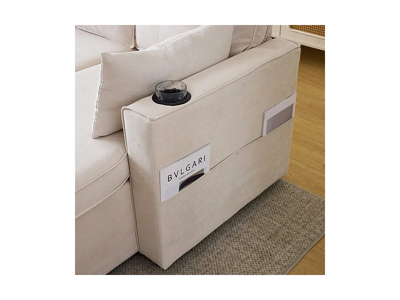 Divano angolare reversibile convertibile in cotone e lino, Meridiano con deposito, portabicchieri, 211x129.5x86cm, Beige
