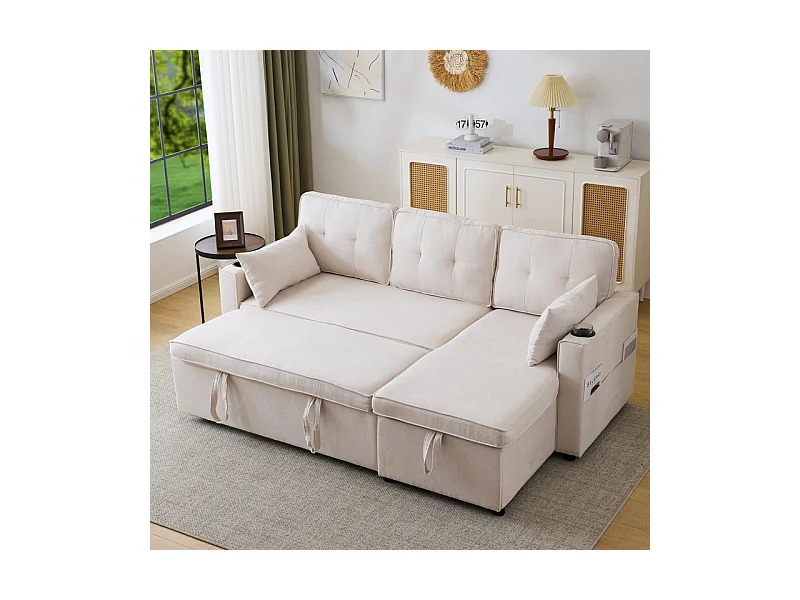 Divano angolare reversibile convertibile in cotone e lino, Meridiano con deposito, portabicchieri, 211x129.5x86cm, Beige