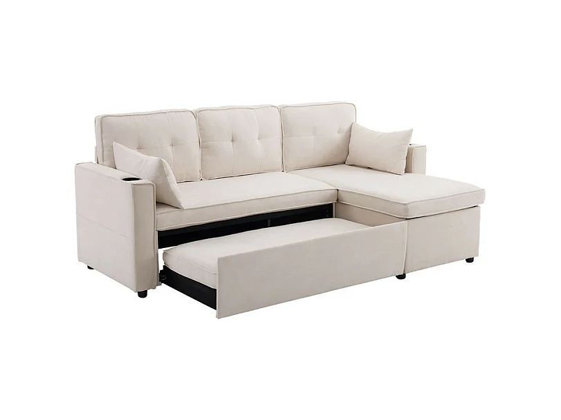 Divano angolare reversibile convertibile in cotone e lino, Meridiano con deposito, portabicchieri, 211x129.5x86cm, Beige