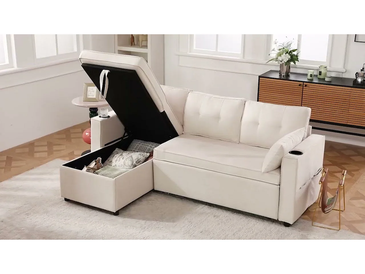 Canapé d'angle réversible convertible en coton et en lin, Méridienne avec rangement, porte-verres, 211x129.5x86cm, Beige