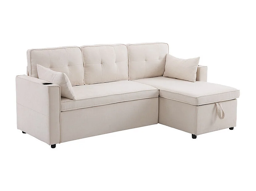 Canapé d'angle réversible convertible en coton et en lin, Méridienne avec rangement, porte-verres, 211x129.5x86cm, Beige