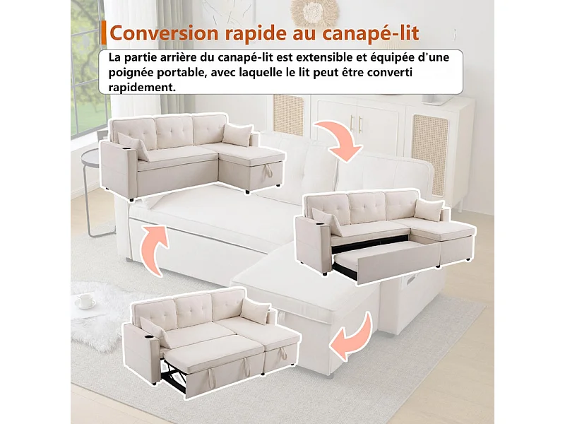 Canapé d'angle réversible convertible en coton et en lin, Méridienne avec rangement, porte-verres, 211x129.5x86cm, Beige
