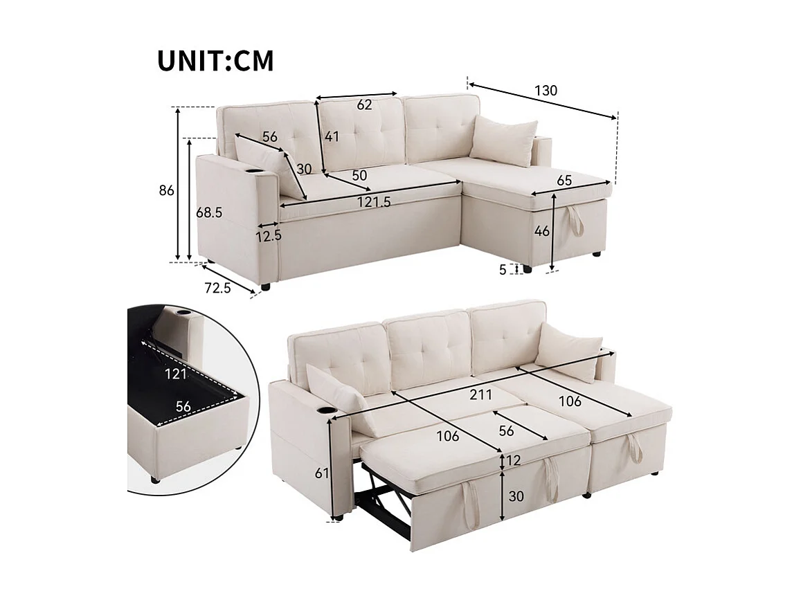 Canapé d'angle réversible convertible en coton et en lin, Méridienne avec rangement, porte-verres, 211x129.5x86cm, Beige