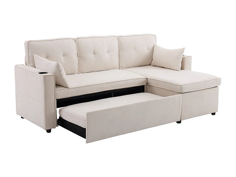 Canapé d'angle réversible convertible en coton et en lin, Méridienne avec rangement, porte-verres, 211x129.5x86cm, Beige