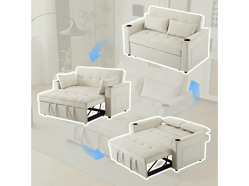 Divano convertibile in velluto - 2 posti - con 2 cuscini, tasche di bracciolo, portabicchieri - schienale reclinabile - 137x76.5x83cm