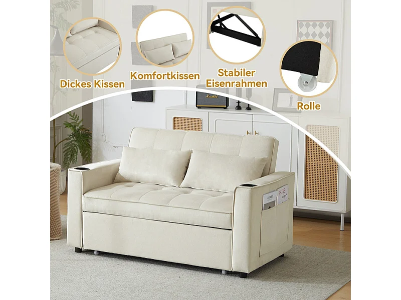 Divano convertibile in velluto - 2 posti - con 2 cuscini, tasche di bracciolo, portabicchieri - schienale reclinabile - 137x76.5x83cm