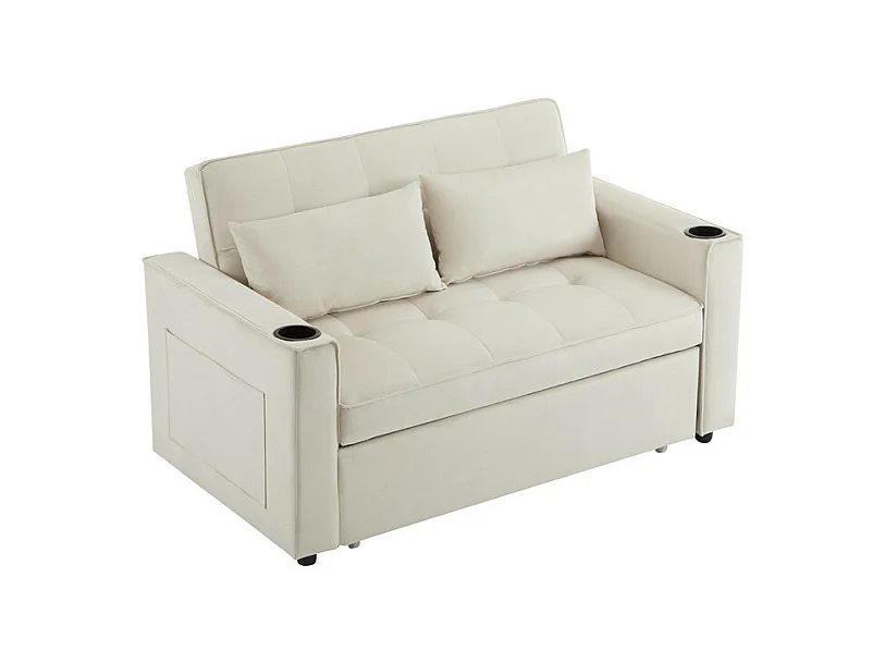 Schlafsofa in Samt - 2 Plätze - mit 2 Kissen, Armlehnentaschen, Glashaltern - neigbare Rückenlehne - 137x76.5x83cm