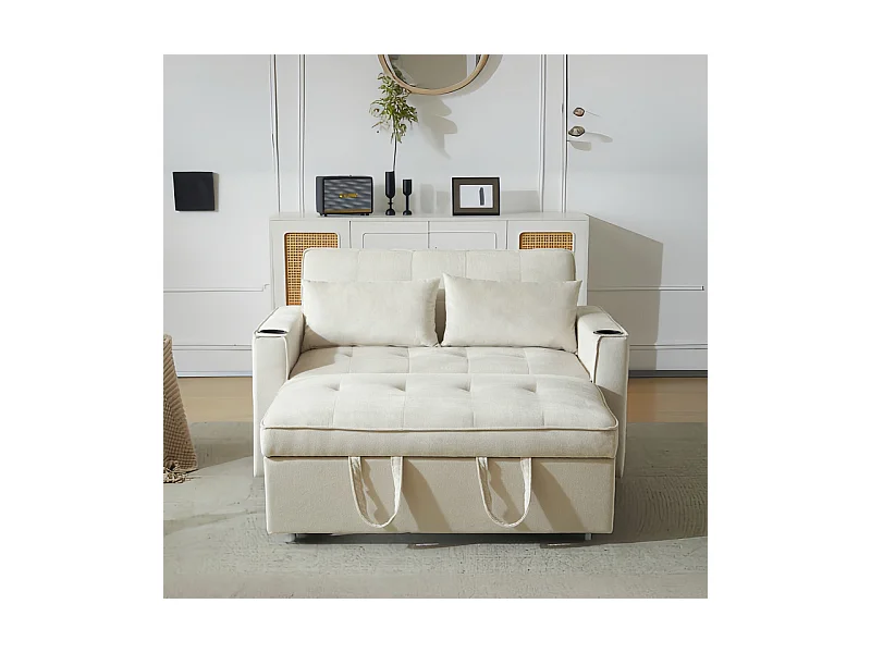 Canapé convertible en Velours - 2 places - avec 2 oreillers, poches d'accoudoir, porte-verres - Dossier inclinable - 137x76.5x83cm