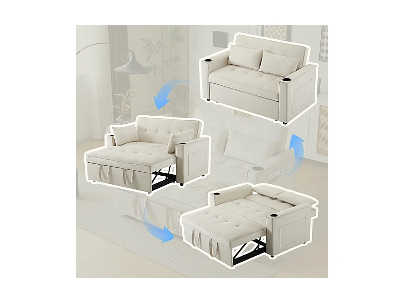 Canapé convertible en Velours - 2 places - avec 2 oreillers, poches d'accoudoir, porte-verres - Dossier inclinable - 137x76.5x83cm