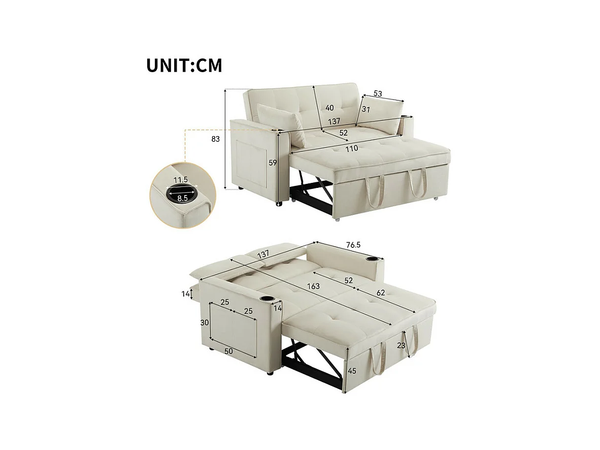Canapé convertible en Velours - 2 places - avec 2 oreillers, poches d'accoudoir, porte-verres - Dossier inclinable - 137x76.5x83cm