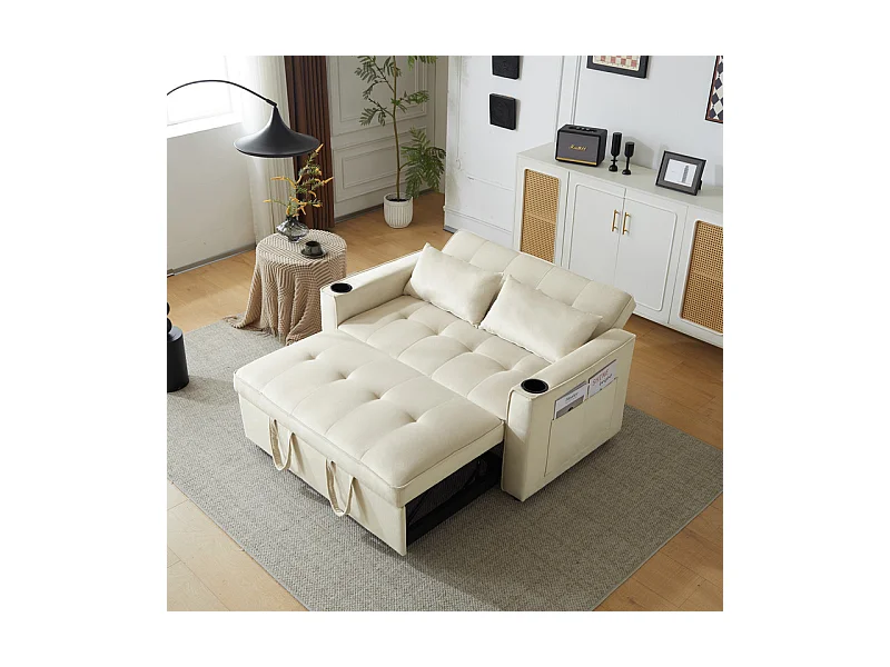 Canapé convertible en Velours - 2 places - avec 2 oreillers, poches d'accoudoir, porte-verres - Dossier inclinable - 137x76.5x83cm