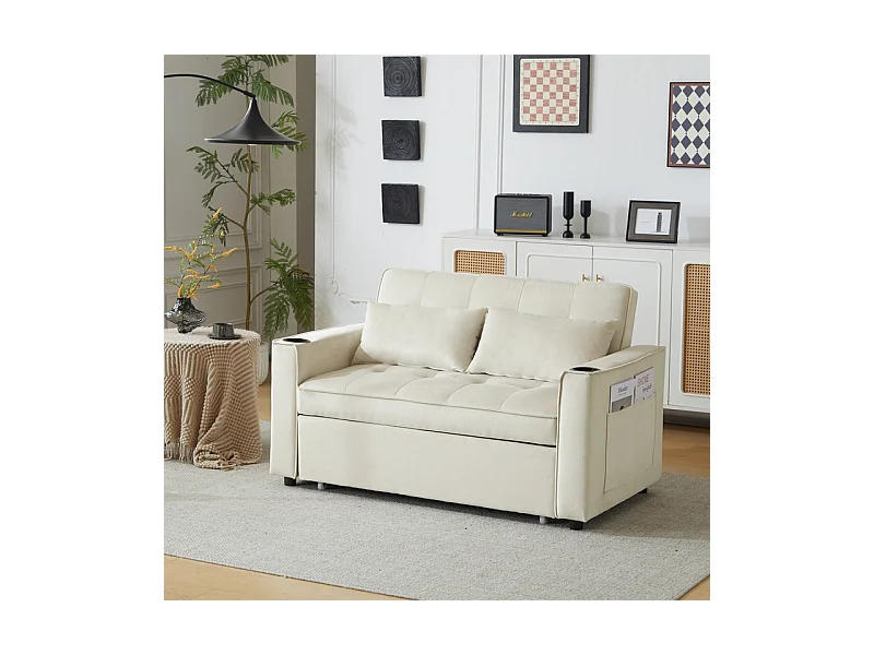 Canapé convertible en Velours - 2 places - avec 2 oreillers, poches d'accoudoir, porte-verres - Dossier inclinable - 137x76.5x83cm