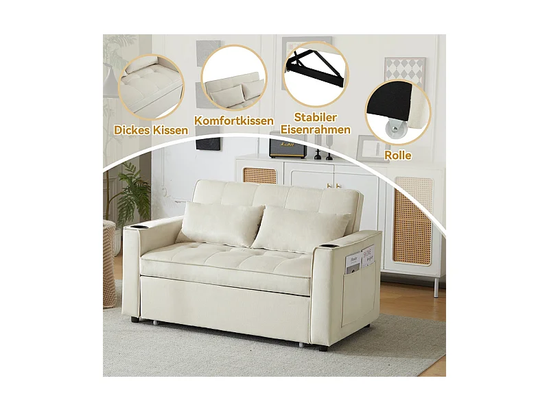 Canapé convertible en Velours - 2 places - avec 2 oreillers, poches d'accoudoir, porte-verres - Dossier inclinable - 137x76.5x83cm