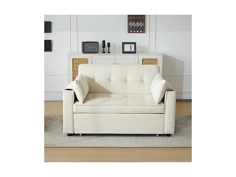 Canapé convertible en Velours - 2 places - avec 2 oreillers, poches d'accoudoir, porte-verres - Dossier inclinable - 137x76.5x83cm