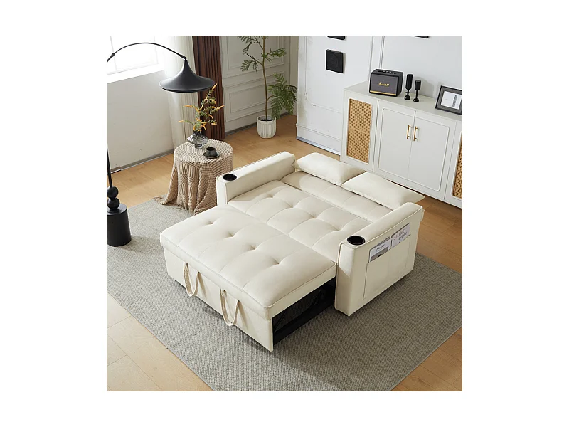 Canapé convertible en Velours - 2 places - avec 2 oreillers, poches d'accoudoir, porte-verres - Dossier inclinable - 137x76.5x83cm