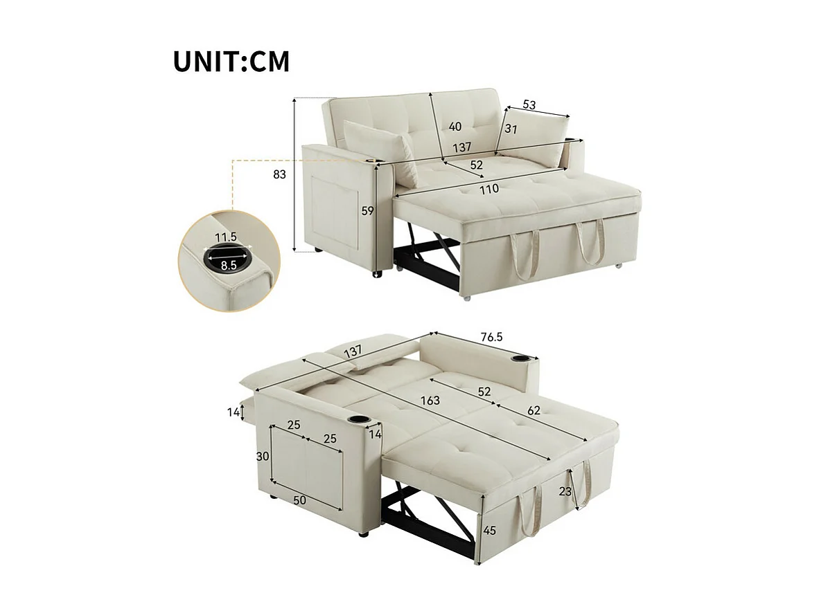 Canapé convertible en Velours - 2 places - avec 2 oreillers, poches d'accoudoir, porte-verres - Dossier inclinable - 137x76.5x83cm