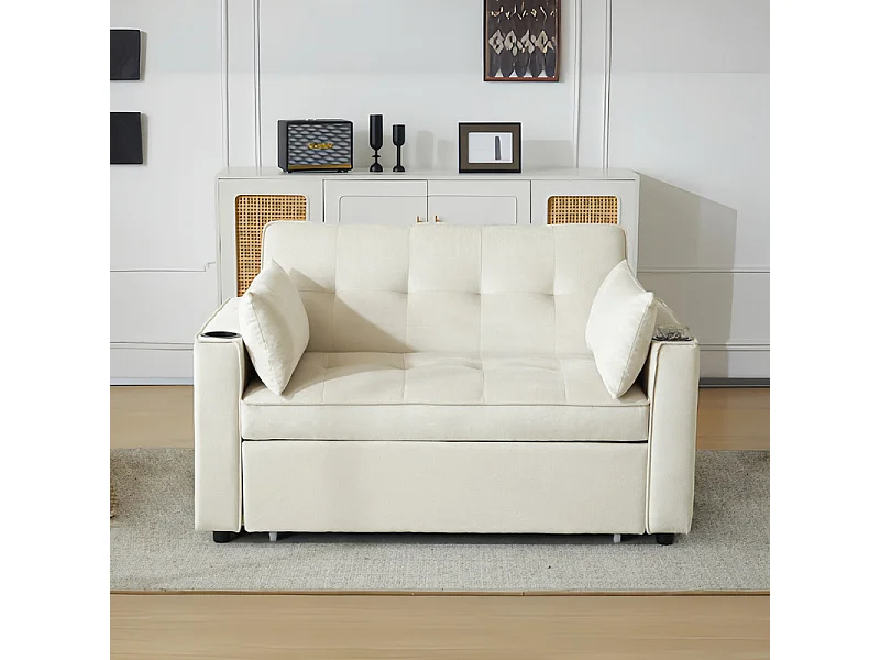 Canapé convertible en Velours - 2 places - avec 2 oreillers, poches d'accoudoir, porte-verres - Dossier inclinable - 137x76.5x83cm