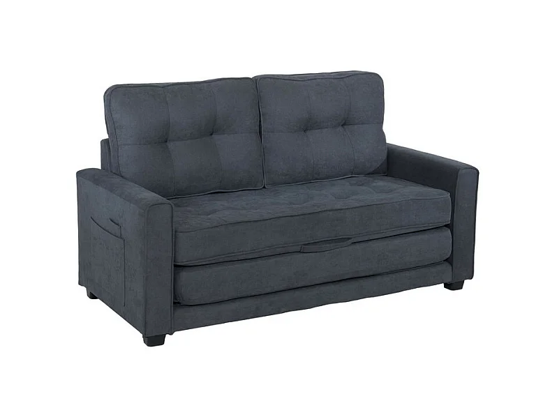 Canapé 2 places convertible en Lin gris - 151x86x75cm - avec poche d'accoudoir - couchage 169x127cm - Matelas 12cm