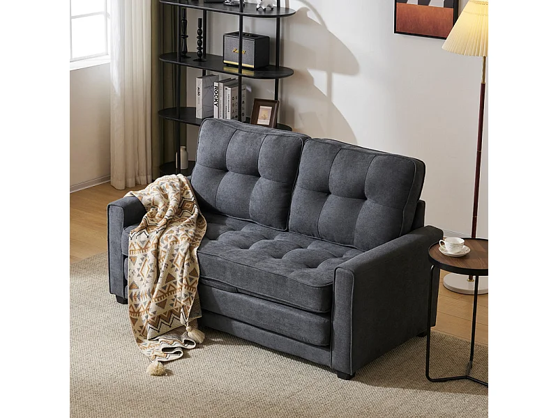 Converteerbare bank 2 plaatsen in grijs linnen - 151x86x75cm - met armleuningzak - Slapen 169x127cm - 12 cm matras