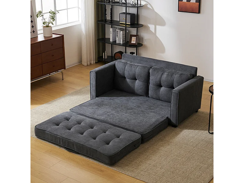 Converteerbare bank 2 plaatsen in grijs linnen - 151x86x75cm - met armleuningzak - Slapen 169x127cm - 12 cm matras