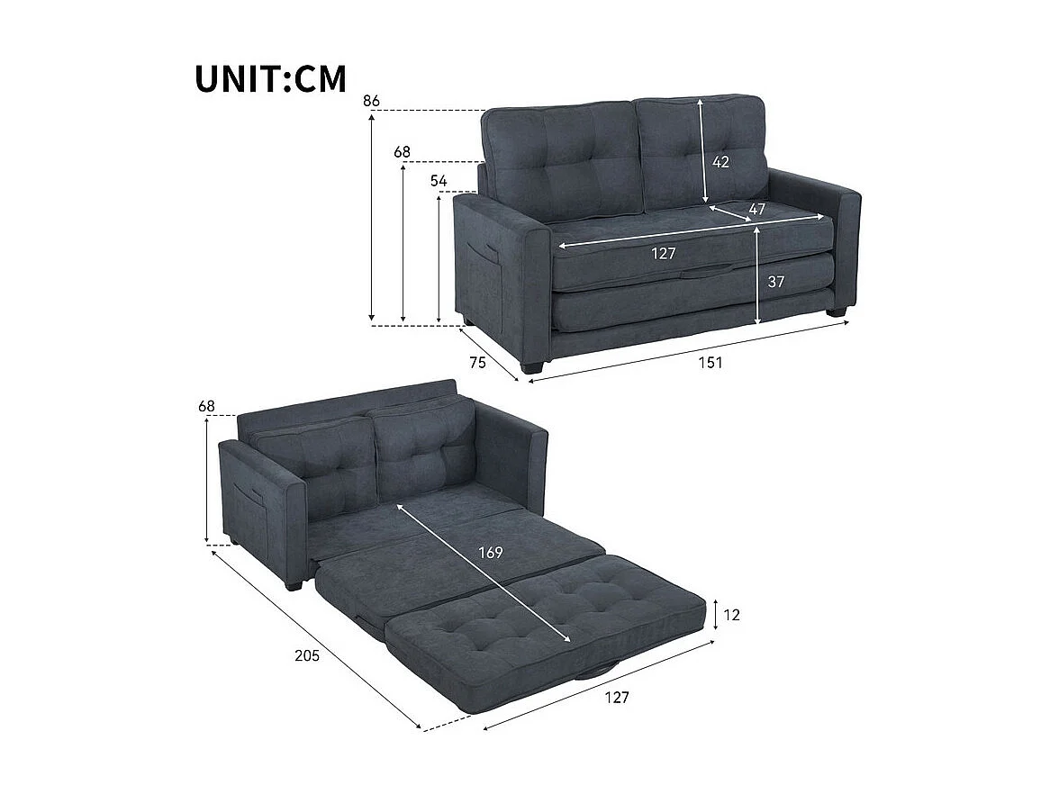 Converteerbare bank 2 plaatsen in grijs linnen - 151x86x75cm - met armleuningzak - Slapen 169x127cm - 12 cm matras