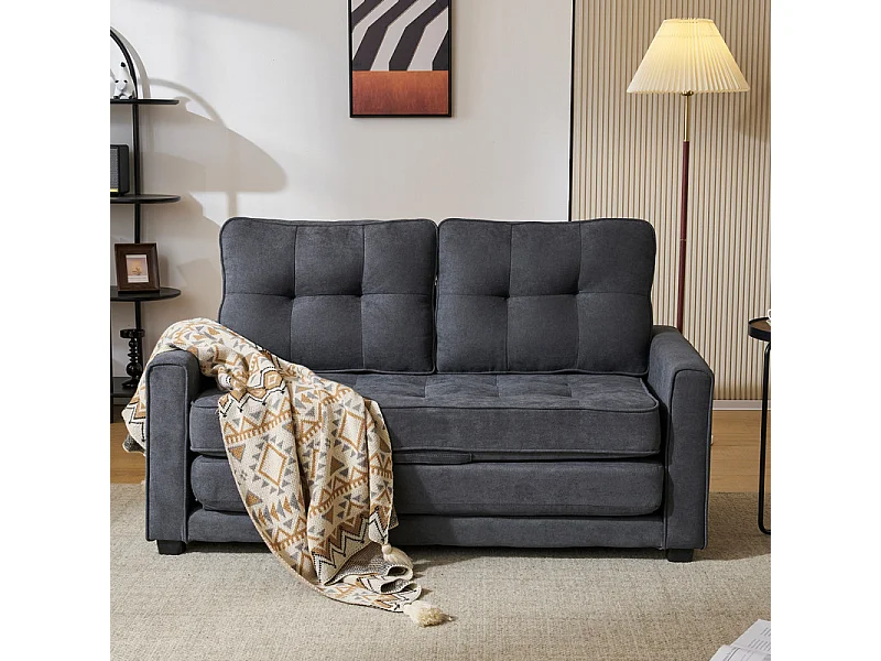 Converteerbare bank 2 plaatsen in grijs linnen - 151x86x75cm - met armleuningzak - Slapen 169x127cm - 12 cm matras