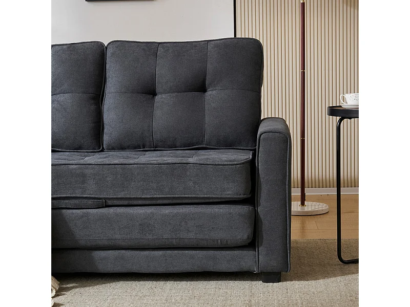 Converteerbare bank 2 plaatsen in grijs linnen - 151x86x75cm - met armleuningzak - Slapen 169x127cm - 12 cm matras