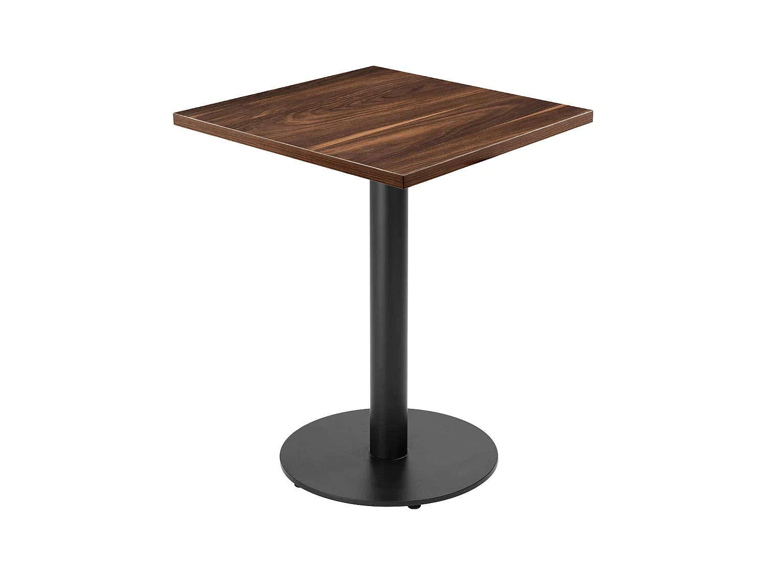 Table à manger carrée 60 cm pied noir et revêtement bois foncé