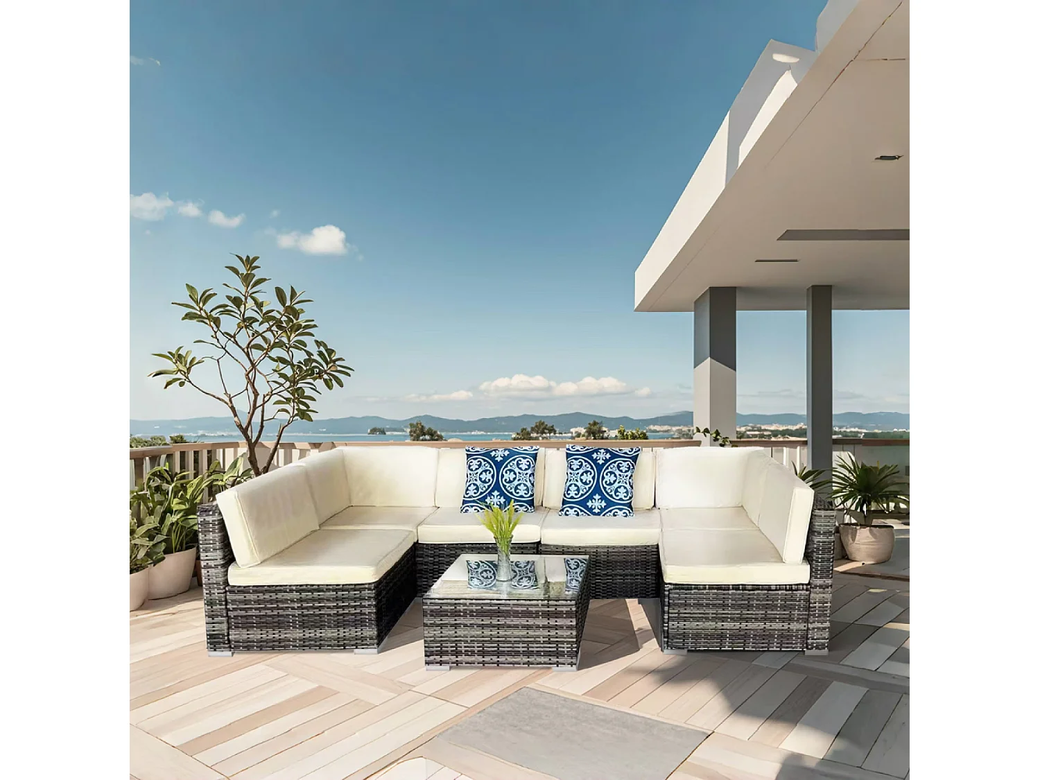 Modulaire 6-persoons tuinset van gevlochten kunststof - Donkergrijs en beige