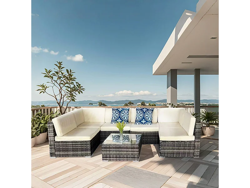 salon de jardin modulable 6 places en résine tressée - gris sombre et beige ALDABRA