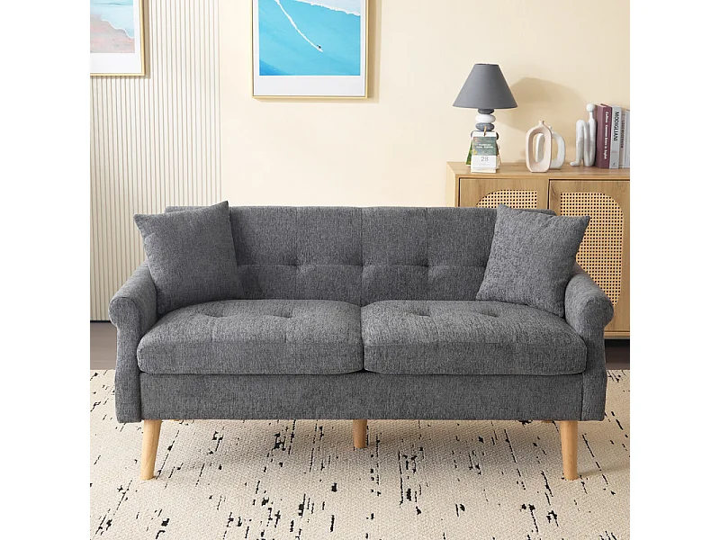 2-zitsbank in Chenille-stof grijs - met 2 kussens - gewatteerde armleuningen - 20 cm vaste houten voeten -162x74x77cm