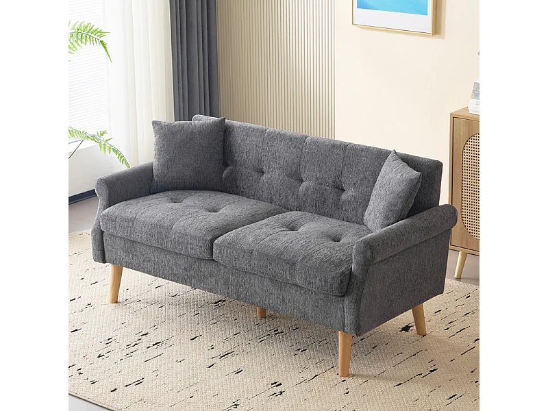 2-zitsbank in Chenille-stof grijs - met 2 kussens - gewatteerde armleuningen - 20 cm vaste houten voeten -162x74x77cm