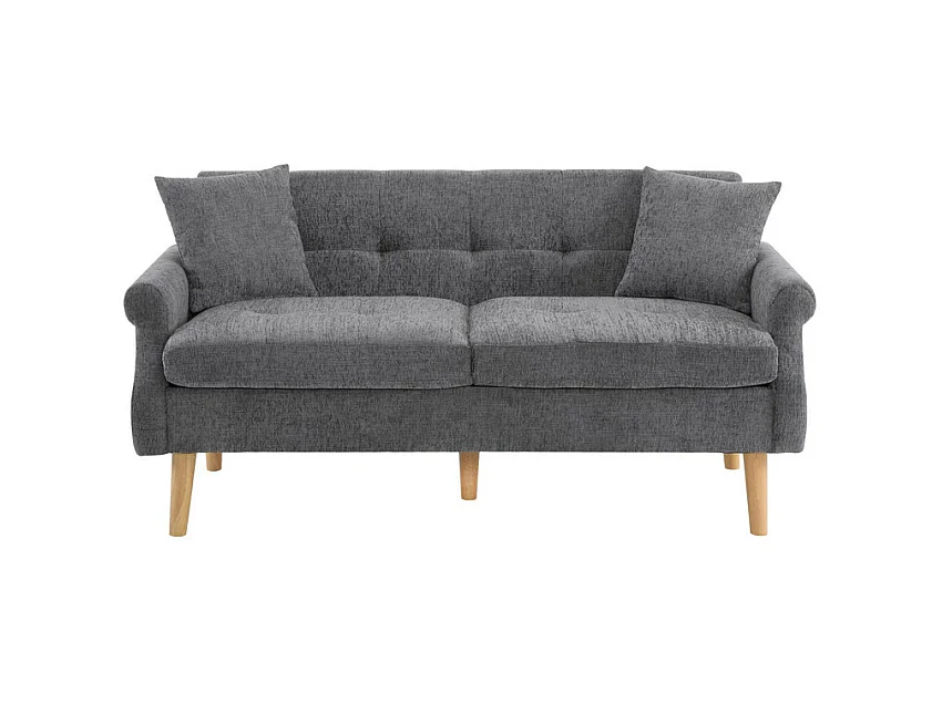 Canapé 2 places en tissu Chenille gris - avec 2 oreillers - accoudoirs rembourrés - 20cm pieds en bois massif -162x74x77cm