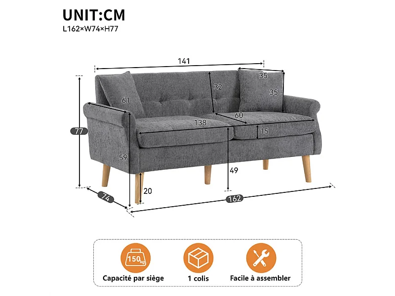 Canapé 2 places en tissu Chenille gris - avec 2 oreillers - accoudoirs rembourrés - 20cm pieds en bois massif -162x74x77cm