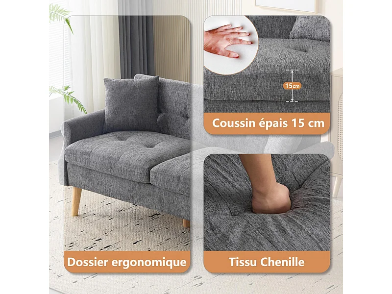 Canapé 2 places en tissu Chenille gris - avec 2 oreillers - accoudoirs rembourrés - 20cm pieds en bois massif -162x74x77cm