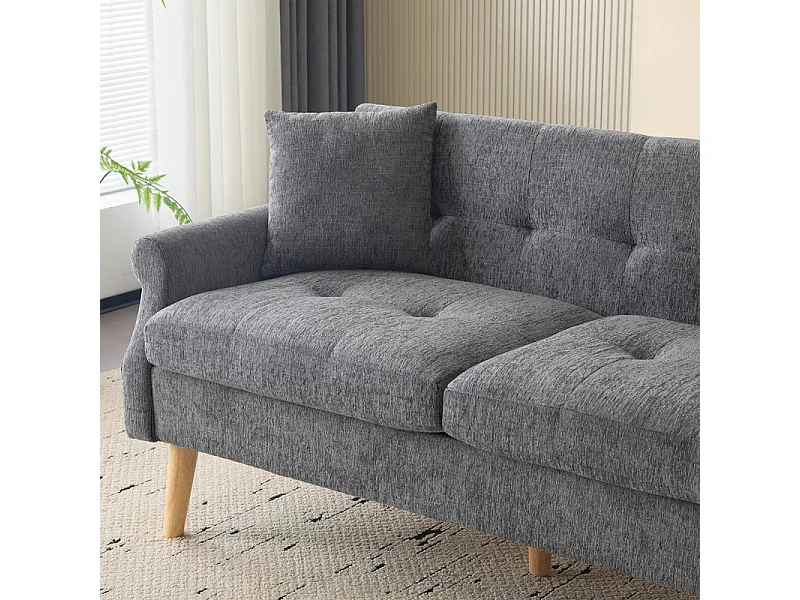 Canapé 2 places en tissu Chenille gris - avec 2 oreillers - accoudoirs rembourrés - 20cm pieds en bois massif -162x74x77cm