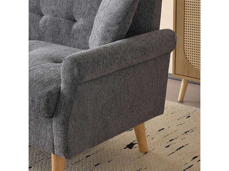 Canapé 2 places en tissu Chenille gris - avec 2 oreillers - accoudoirs rembourrés - 20cm pieds en bois massif -162x74x77cm