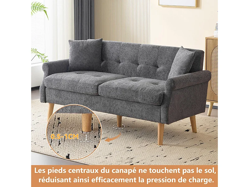Canapé 2 places en tissu Chenille gris - avec 2 oreillers - accoudoirs rembourrés - 20cm pieds en bois massif -162x74x77cm