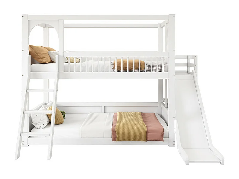 Camas infantis de bunk 2 x 90 x 200 cm - Cama de cabine com slide - Pino - carga máxima 150kg - Branco