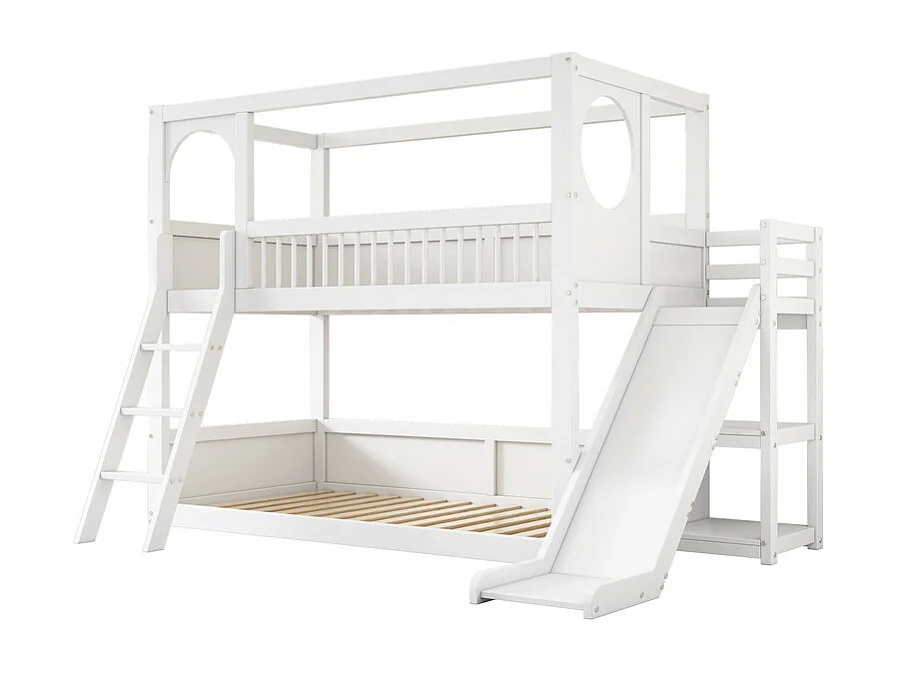 Lits pour enfants superposés 2 x 90 x 200 cm - lit cabane avec toboggan - Pin - charge max 150kg - Blanc