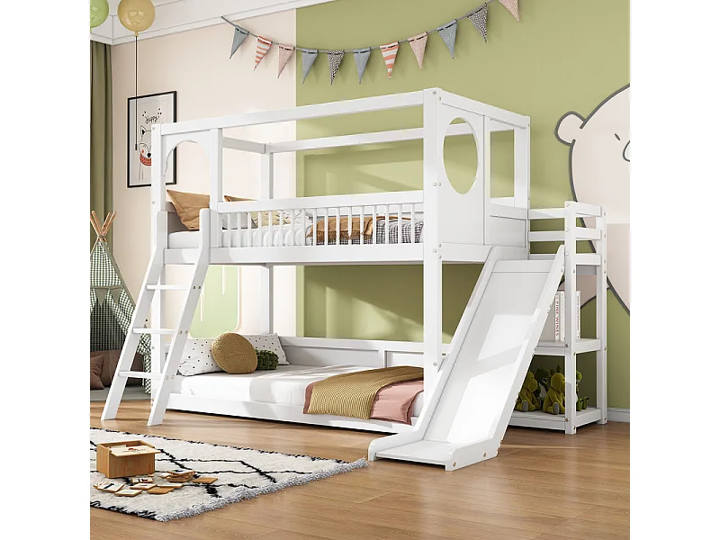 Lits pour enfants superposés 2 x 90 x 200 cm - lit cabane avec toboggan - Pin - charge max 150kg - Blanc