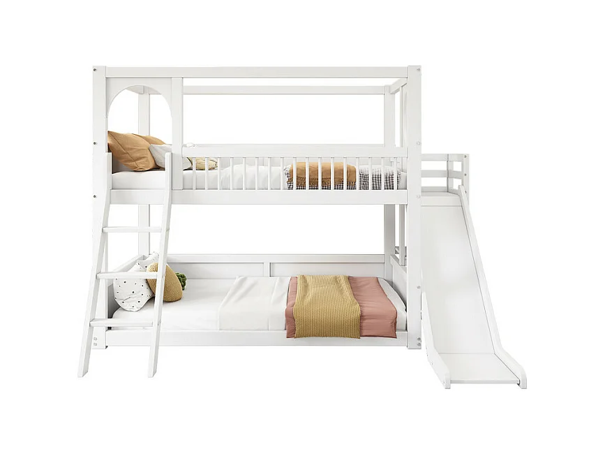 Lits pour enfants superposés 2 x 90 x 200 cm - lit cabane avec toboggan - Pin - charge max 150kg - Blanc