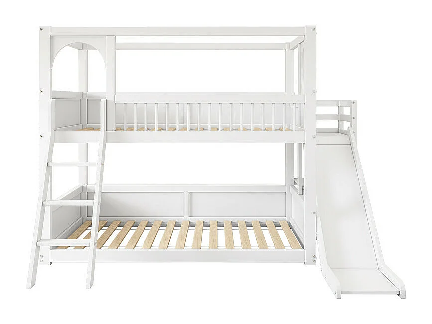 Lits pour enfants superposés 2 x 90 x 200 cm - lit cabane avec toboggan - Pin - charge max 150kg - Blanc