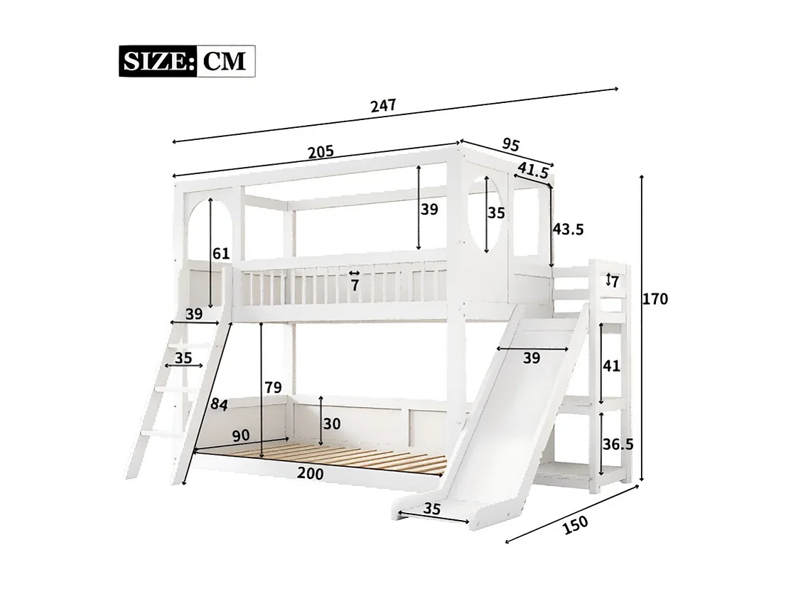 Lits pour enfants superposés 2 x 90 x 200 cm - lit cabane avec toboggan - Pin - charge max 150kg - Blanc