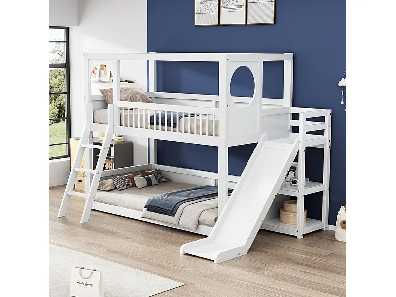 Lits pour enfants superposés 2 x 90 x 200 cm - lit cabane avec toboggan - Pin - charge max 150kg - Blanc