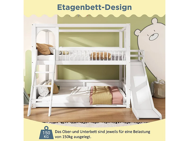 Lits pour enfants superposés 2 x 90 x 200 cm - lit cabane avec toboggan - Pin - charge max 150kg - Blanc