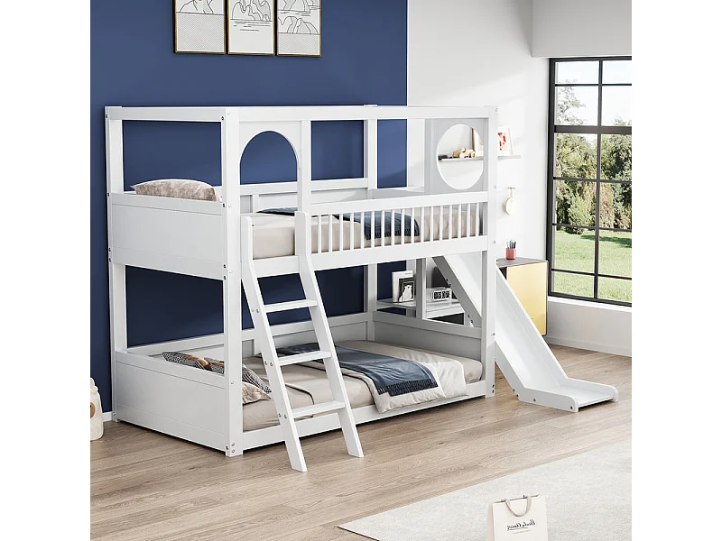 Koje -Kinderbetten 2 x 90 x 200 cm - Kabinenbett mit Rutschen - Kiefer - Maximallad 150 kg - Weiß